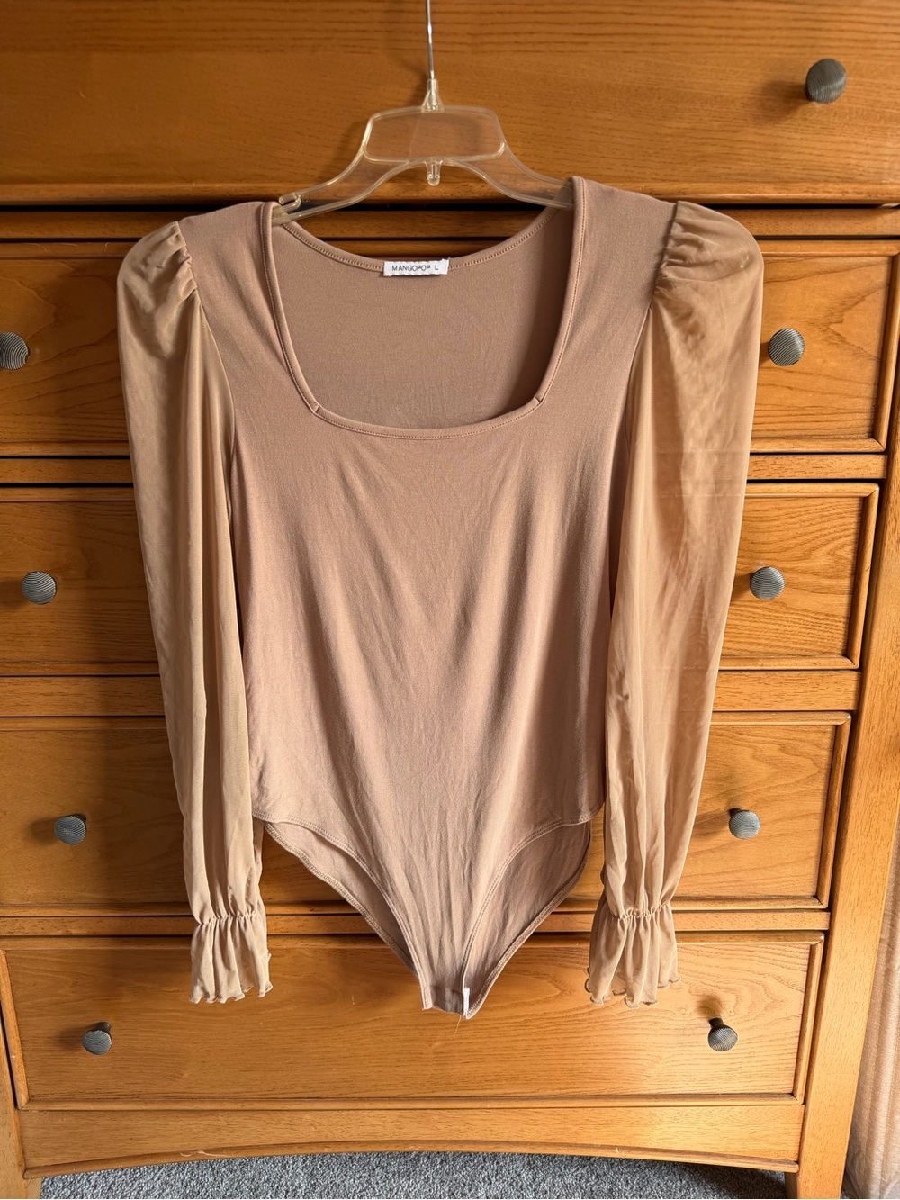 MANGOPOP Beige Nude Square Neck Puff Long Bell Sleeve Bodysuit Womens Size Large